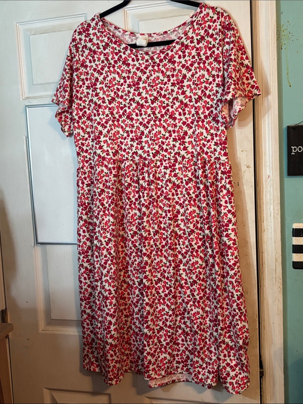 Floral Midi Babydoll Dress in White, Pink & Red Size 2X